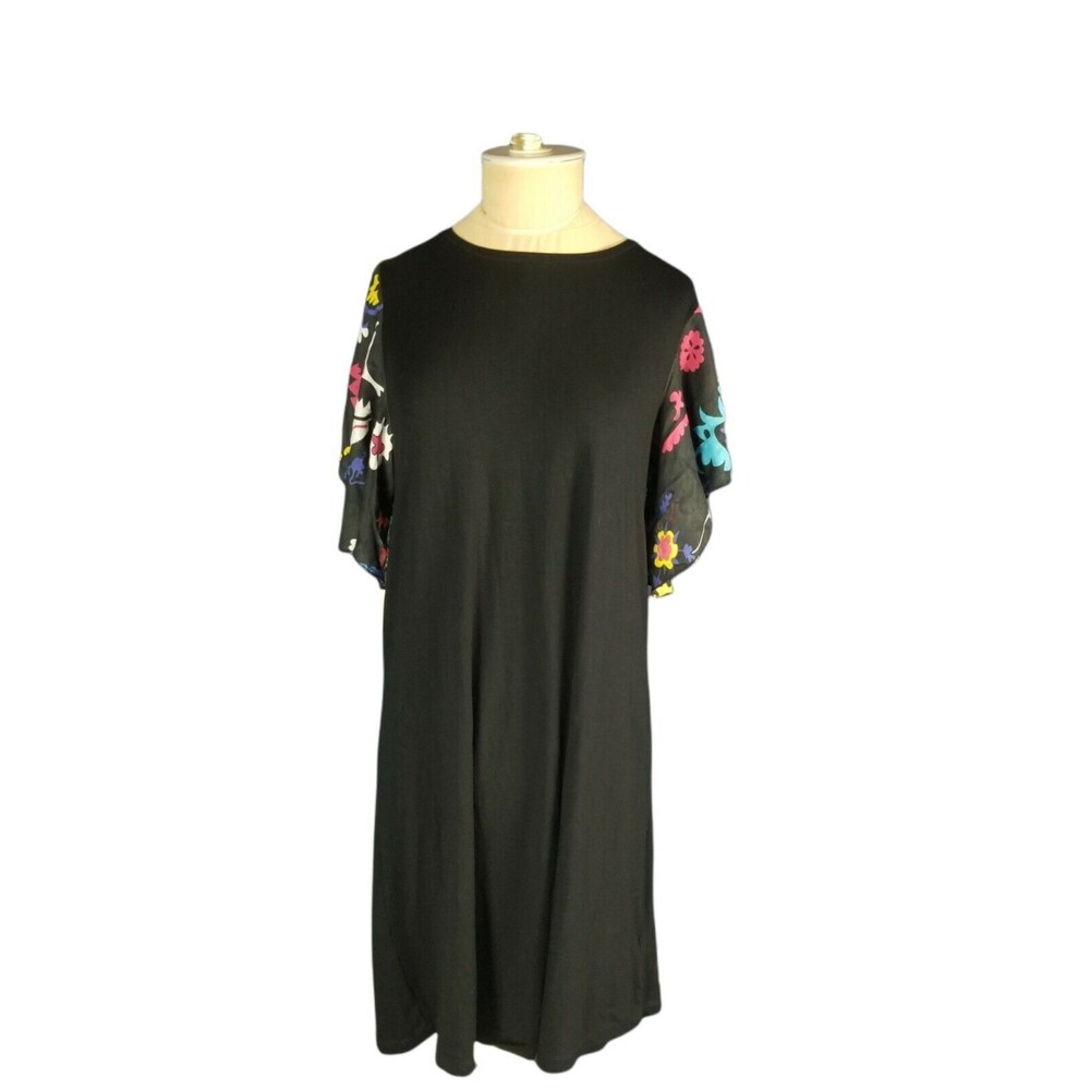 Desigual Black Short Sleeved Dress with Floral Sleeves, Size Medium